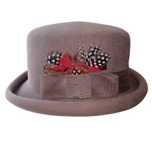 Betmar taupe wool ascot hat with taupe ribbon band and feathers